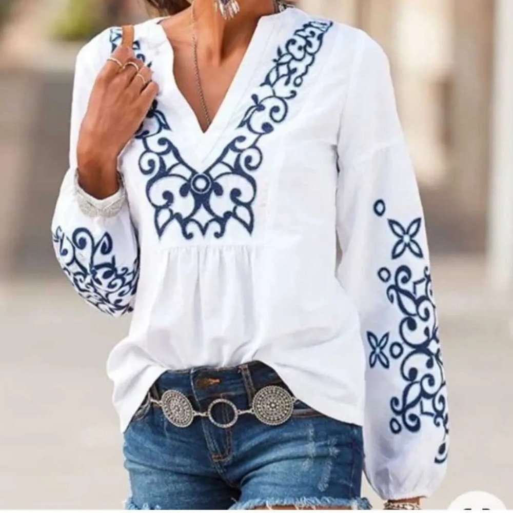 Boho Embroidered V-Neck Blouse - White with Navy